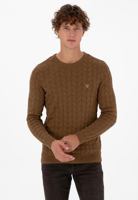 Erkek Slim Fit Bisiklet Yaka Desenli Haki Melanj Kazak - 50307836014