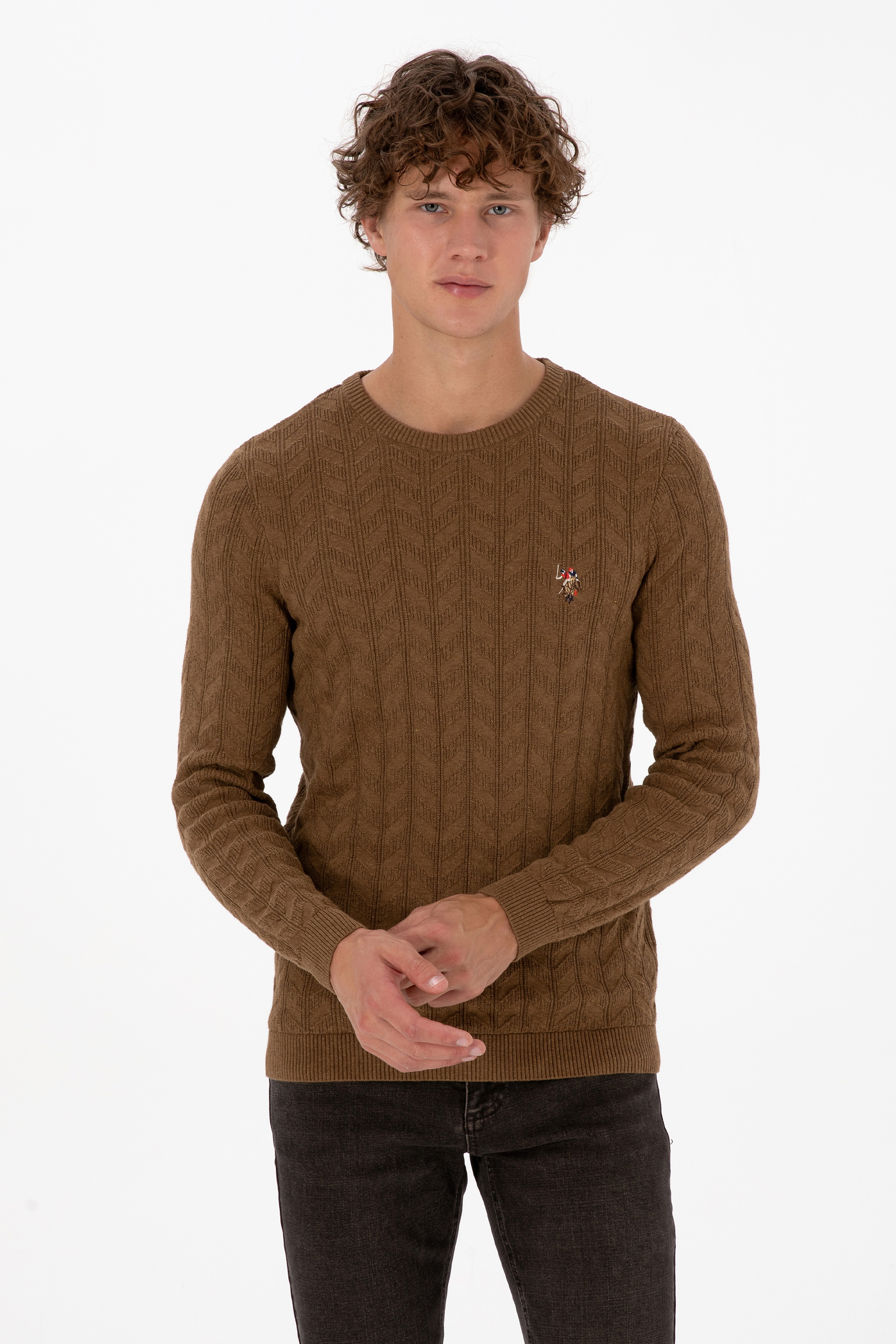 Erkek Slim Fit Bisiklet Yaka Desenli Haki Melanj Kazak - Image 1