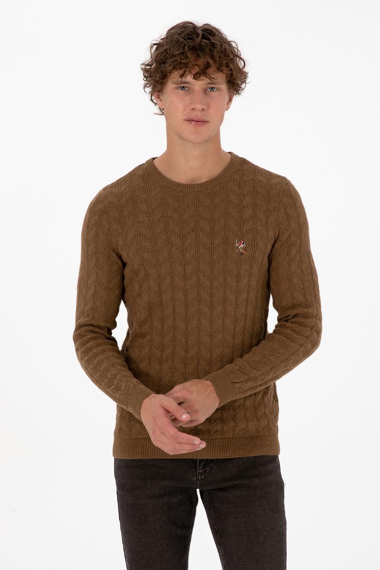 Erkek Slim Fit Bisiklet Yaka Desenli Haki Melanj Kazak