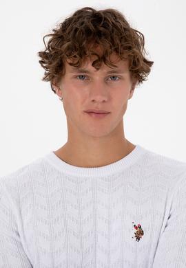 Erkek Slim Fit Bisiklet Yaka Desenli Beyaz Kazak - 50307836069