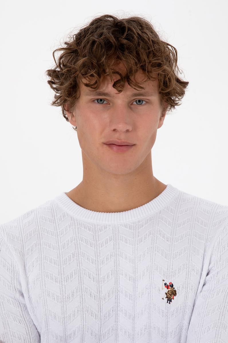 Erkek Slim Fit Bisiklet Yaka Desenli Beyaz Kazak