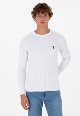 Erkek Slim Fit Bisiklet Yaka Desenli Beyaz Kazak - 50307836069