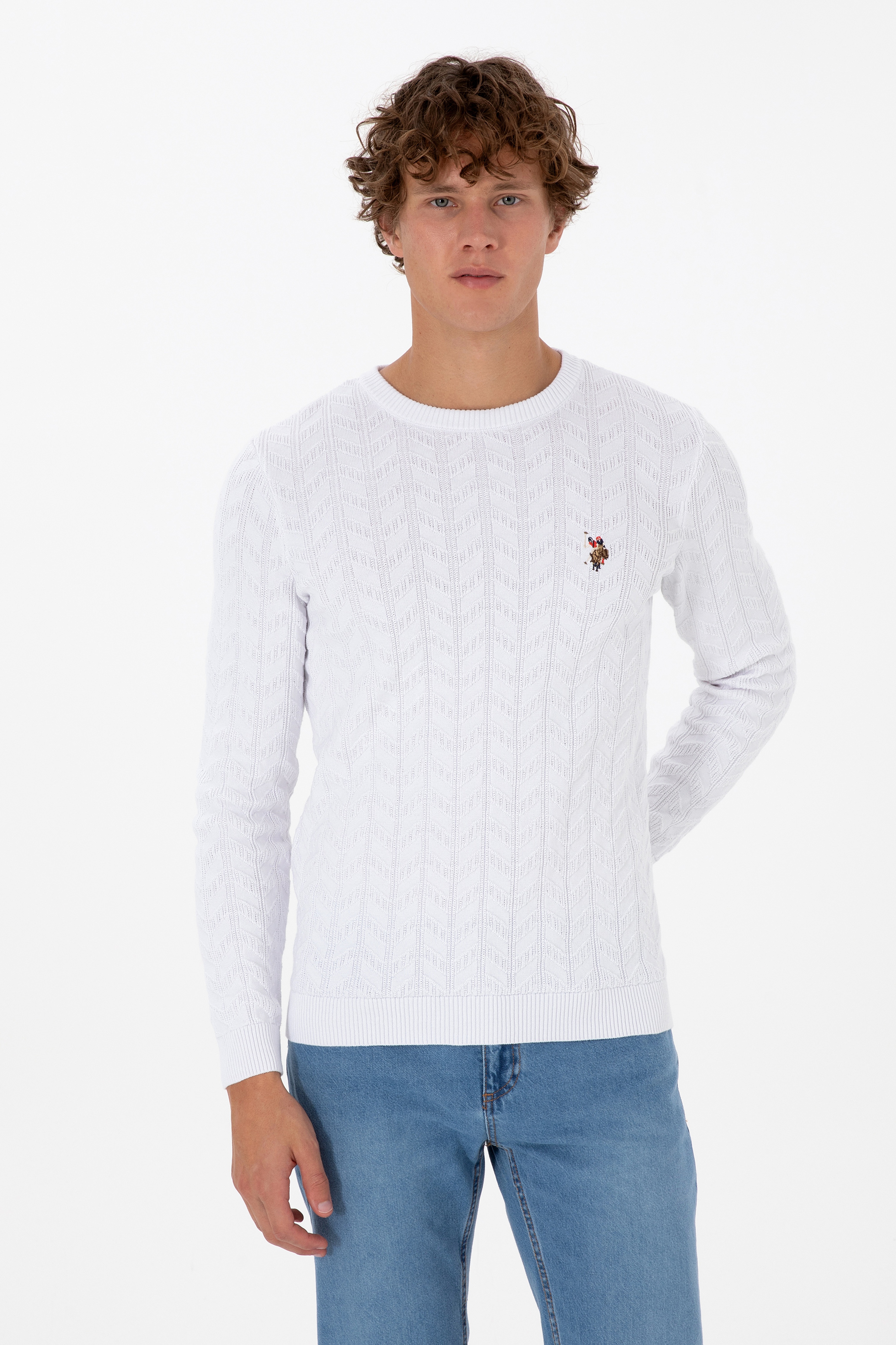 Erkek Slim Fit Bisiklet Yaka Desenli Beyaz Kazak