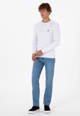 Erkek Slim Fit Bisiklet Yaka Desenli Beyaz Kazak - 50307836069