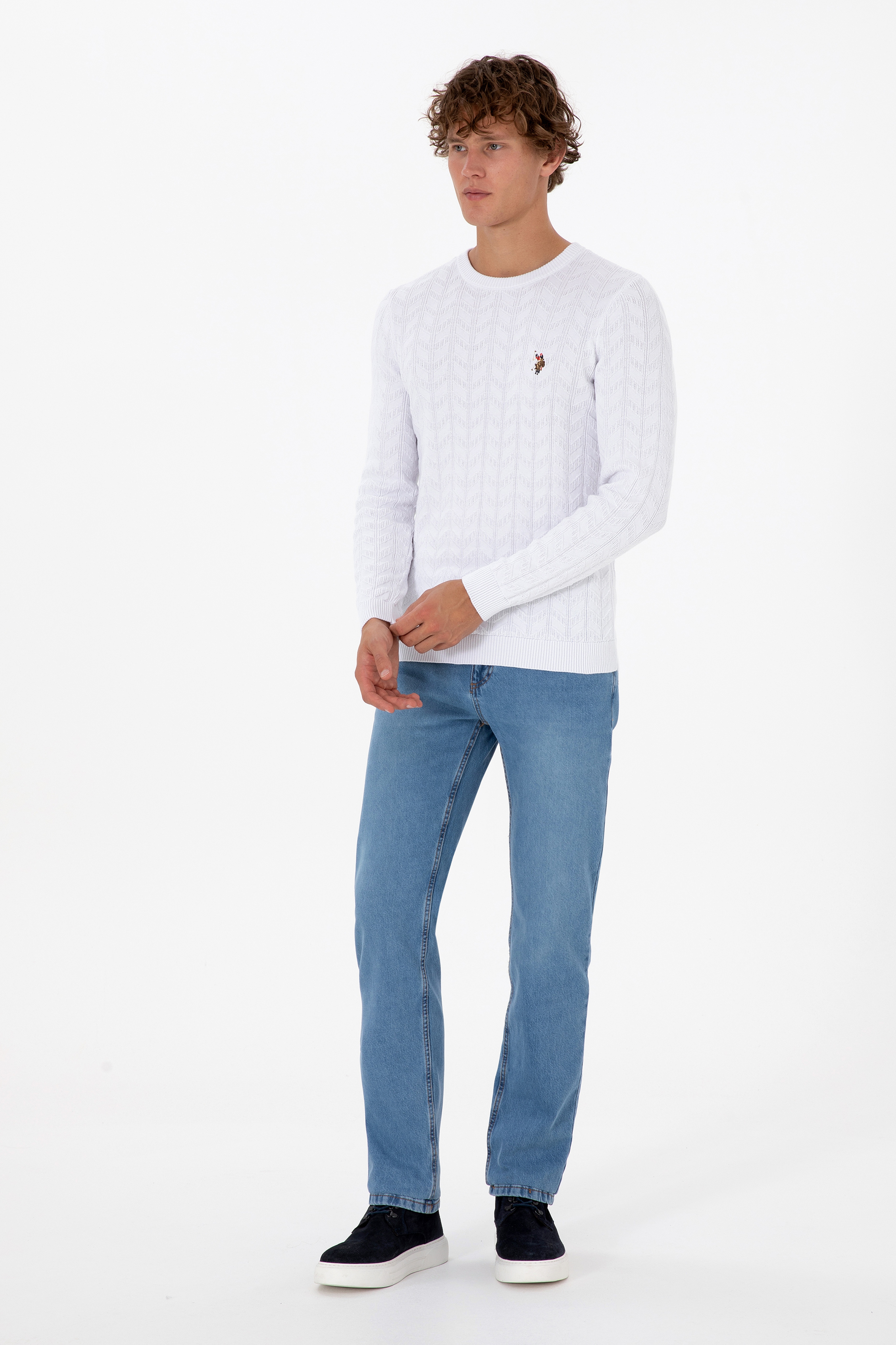 Erkek Slim Fit Bisiklet Yaka Desenli Beyaz Kazak - Image 4