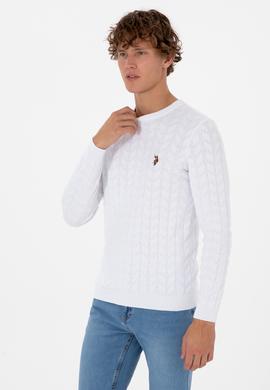 Erkek Slim Fit Bisiklet Yaka Desenli Beyaz Kazak - 50307836069