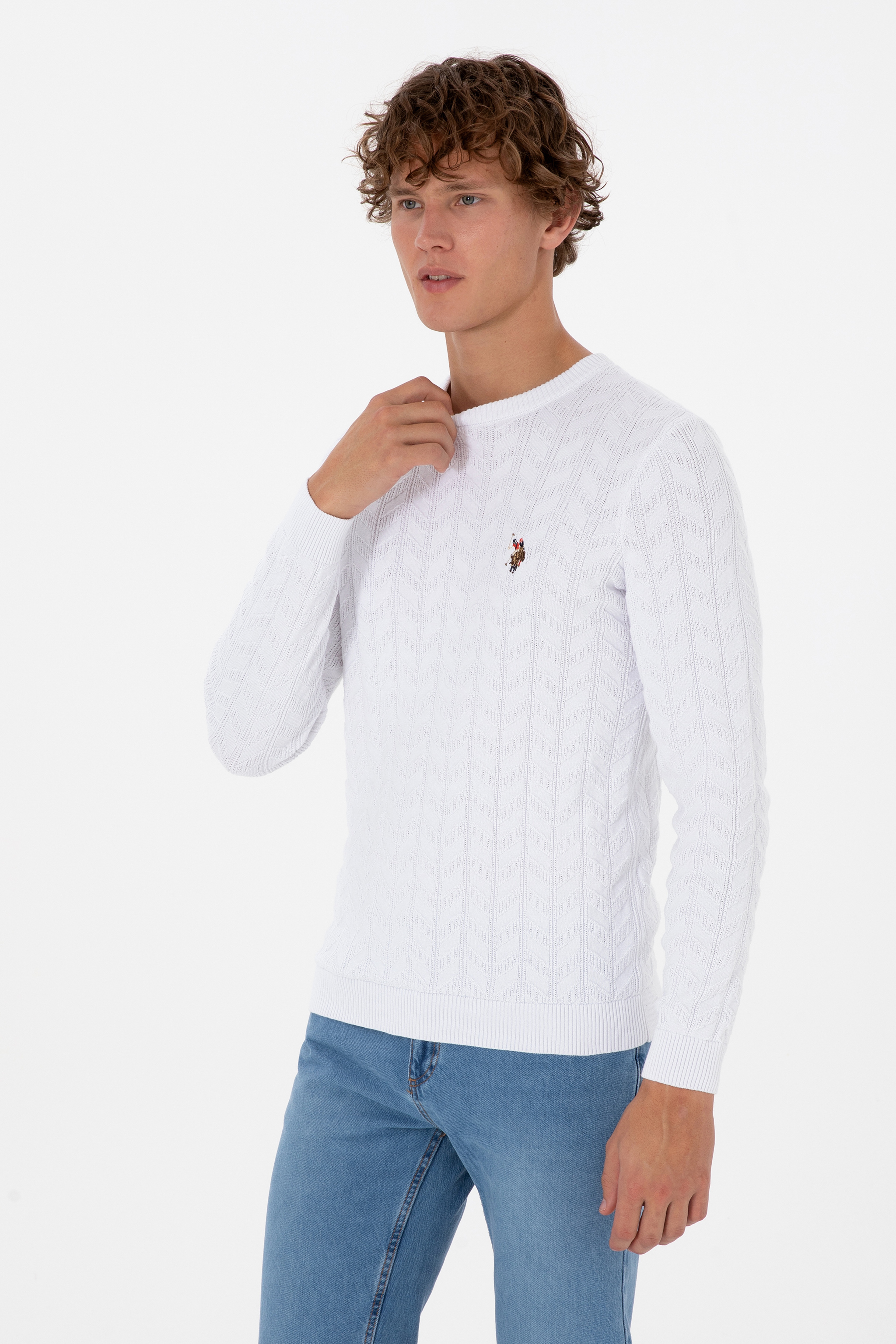 Erkek Slim Fit Bisiklet Yaka Desenli Beyaz Kazak - Image 1