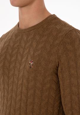 Erkek Slim Fit Bisiklet Yaka Desenli Haki Melanj Kazak - 50307836014