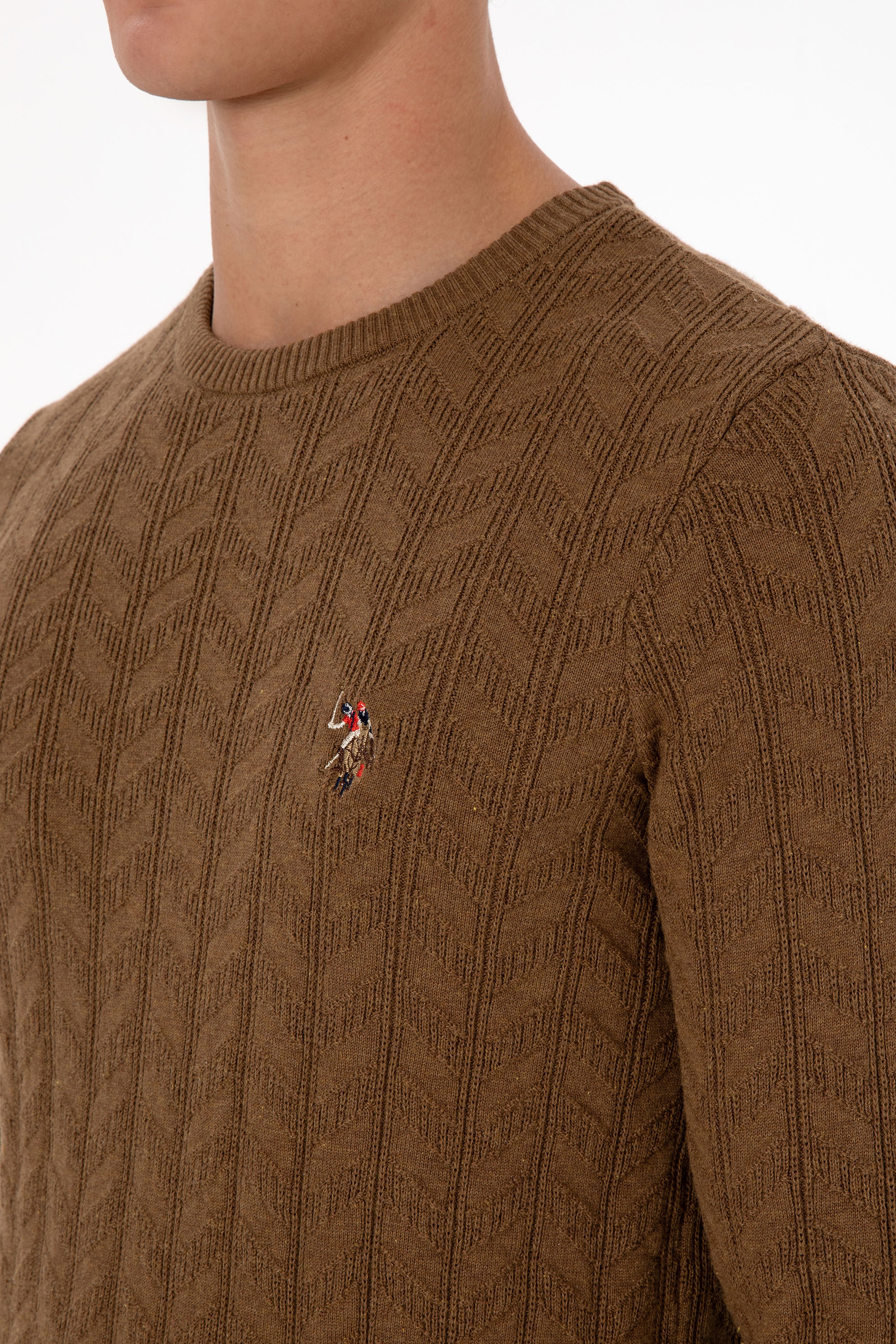 Erkek Slim Fit Bisiklet Yaka Desenli Haki Melanj Kazak