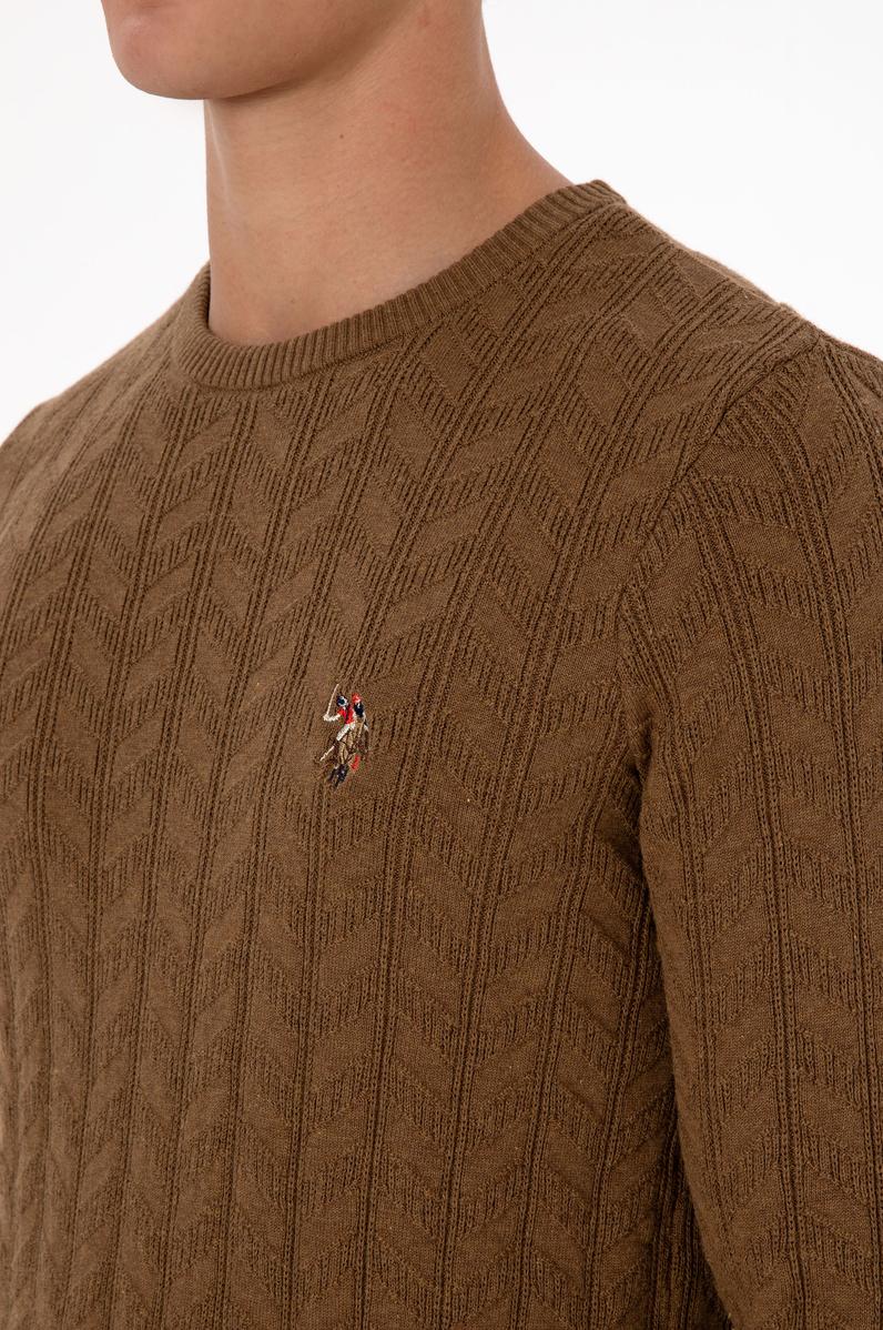 Erkek Slim Fit Bisiklet Yaka Desenli Haki Melanj Kazak