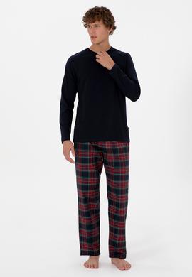 Erkek Kırmızı Ekoseli Lacivert Pijama Takımı - 50318615007