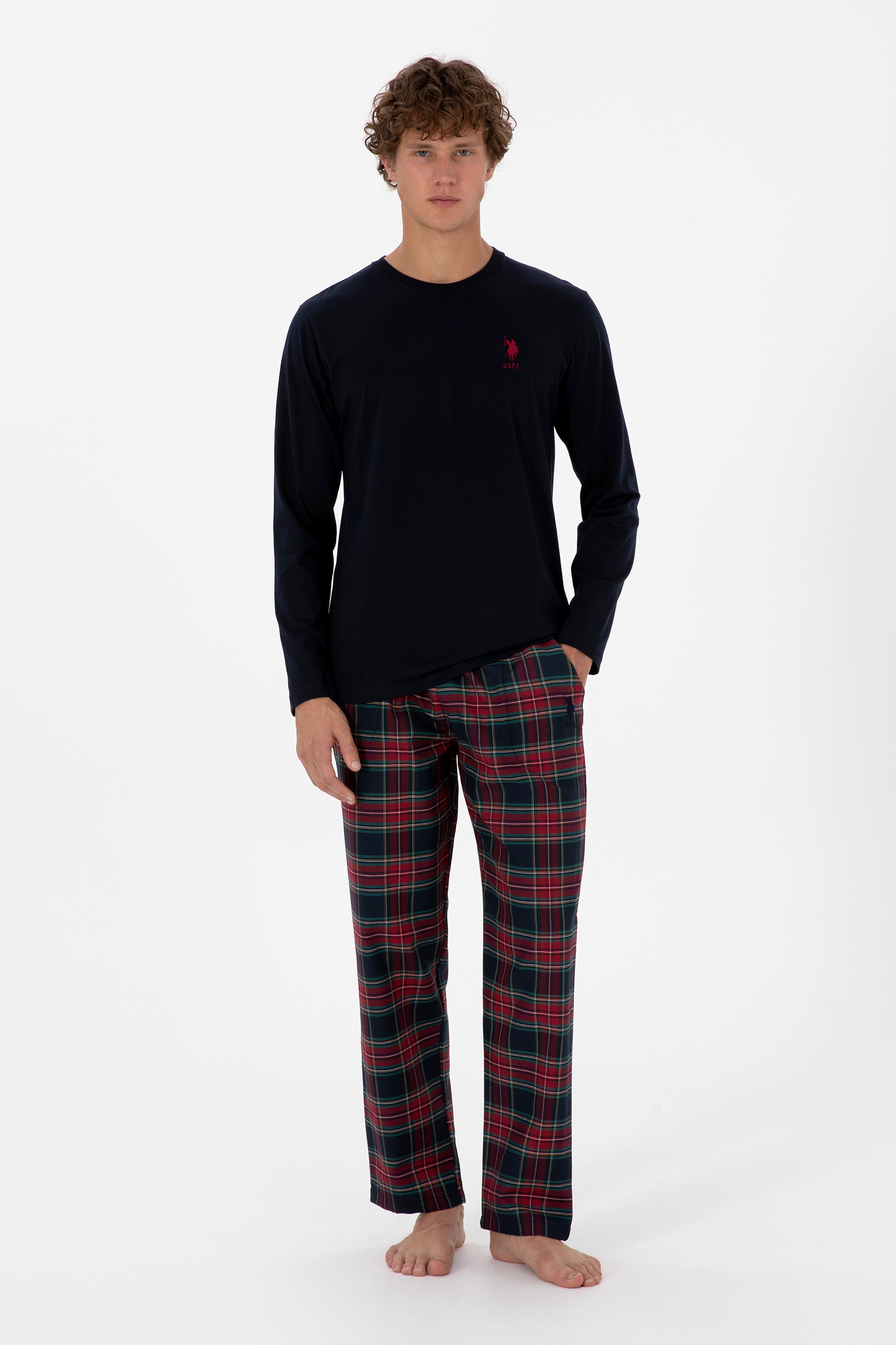 Erkek Kırmızı Ekoseli Lacivert Pijama Takımı - Image 1