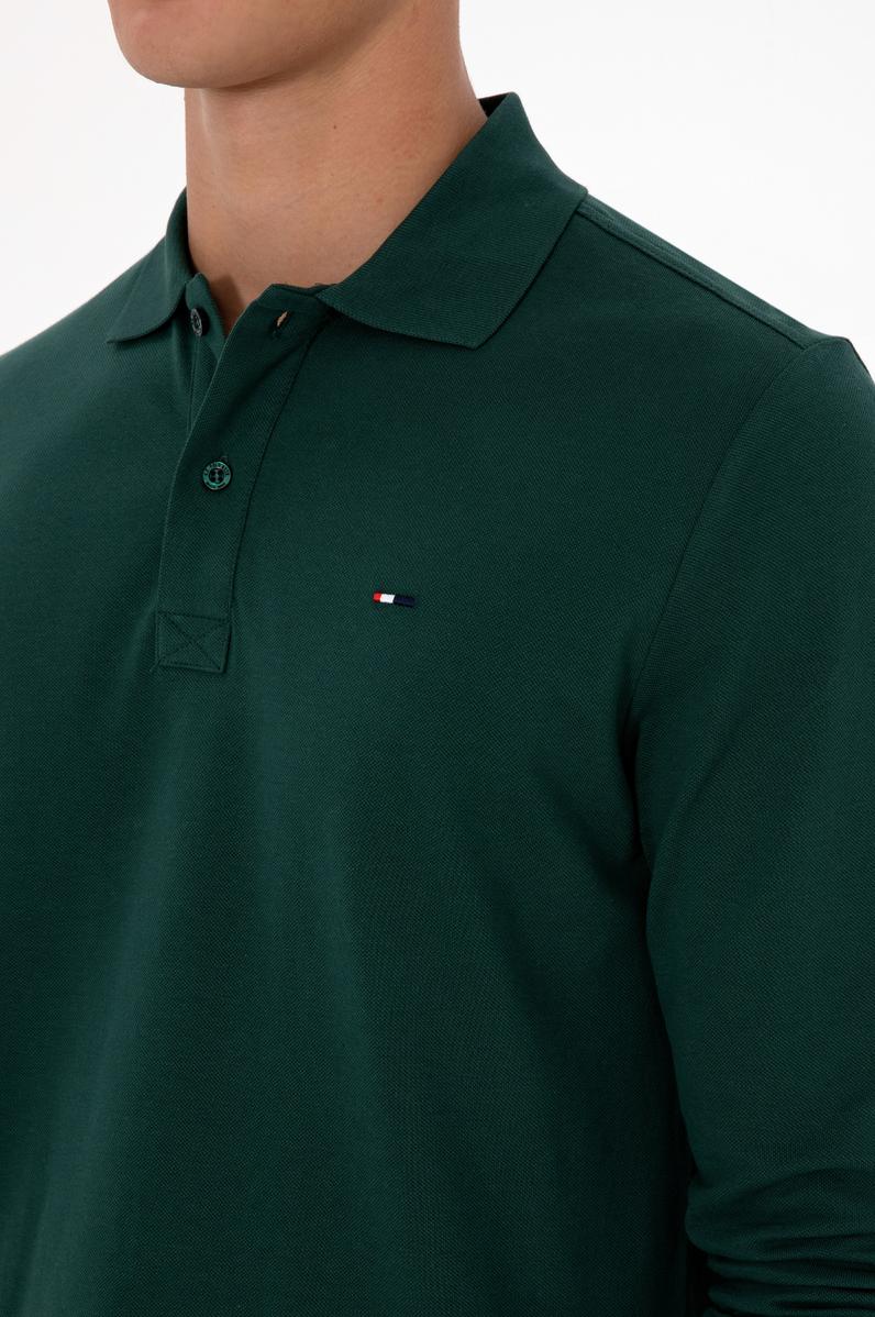 Erkek Regular Fit Polo Yaka Koyu Yeşil Basic Sweatshirt
