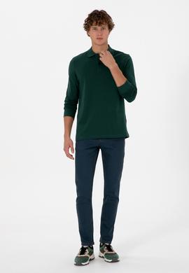 Erkek Regular Fit Polo Yaka Koyu Yeşil Basic Sweatshirt - 50315941037