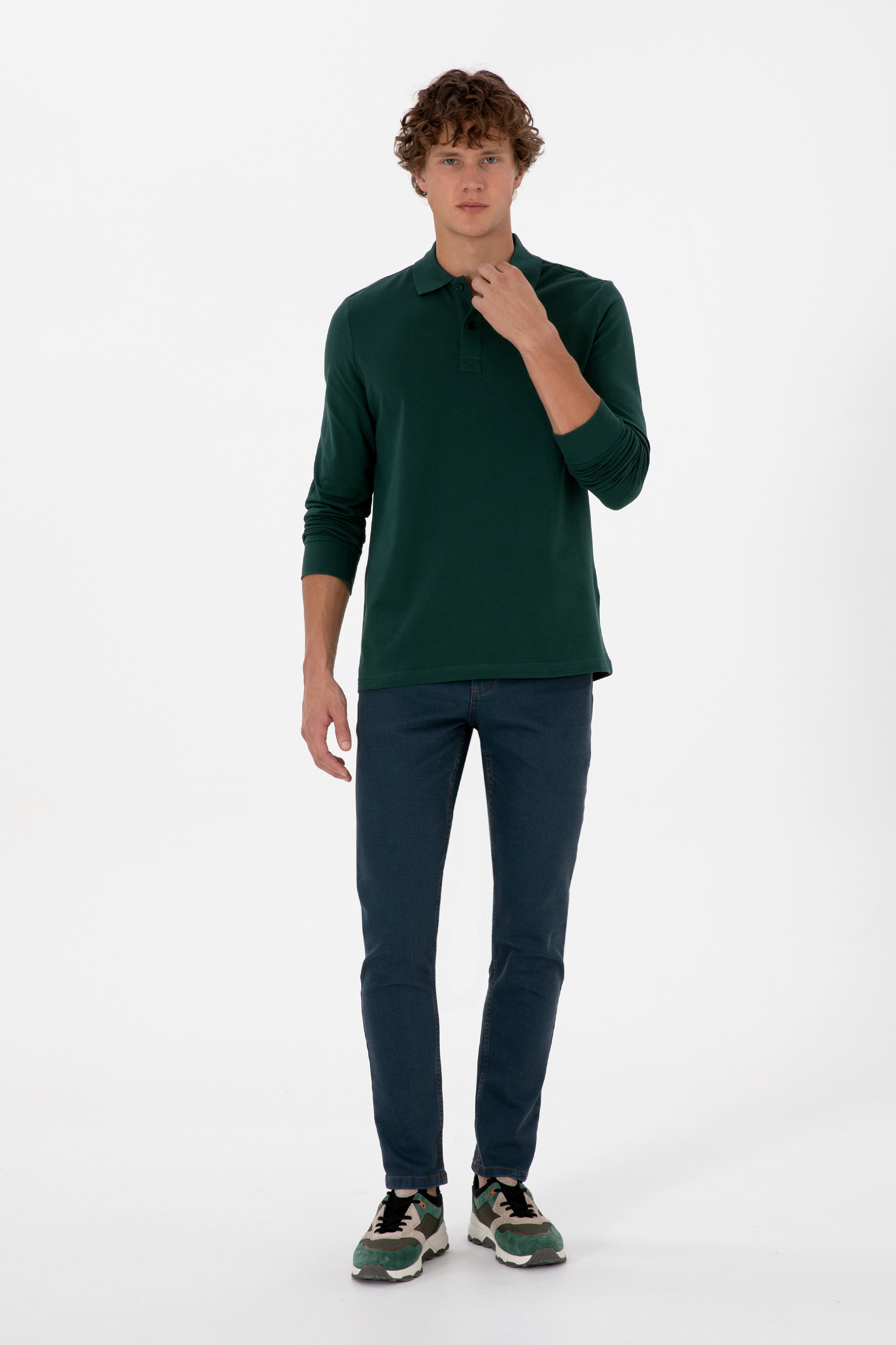 Erkek Regular Fit Polo Yaka Koyu Yeşil Basic Sweatshirt