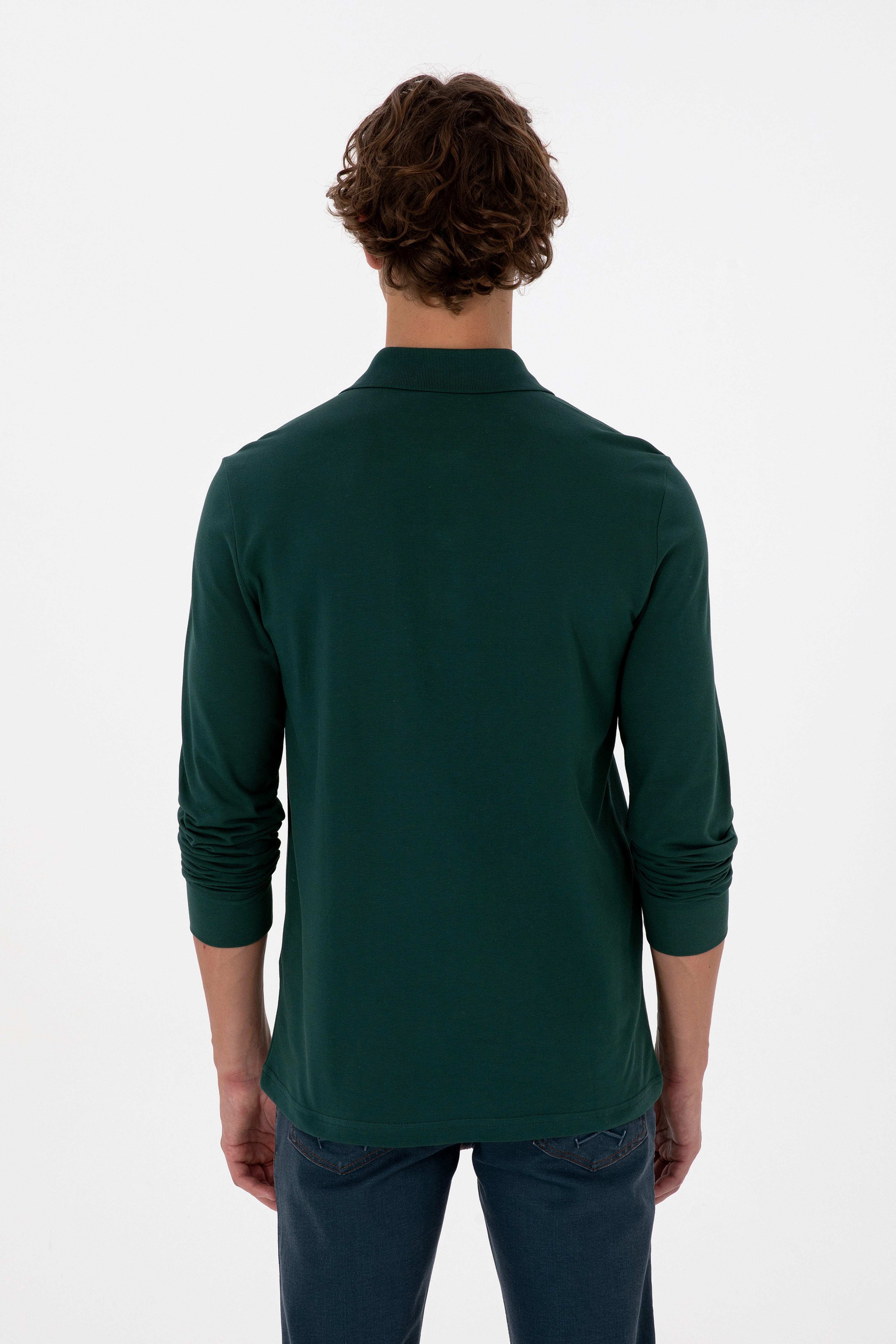 Erkek Regular Fit Polo Yaka Koyu Yeşil Basic Sweatshirt