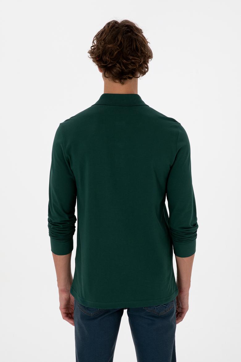 Erkek Regular Fit Polo Yaka Koyu Yeşil Basic Sweatshirt - 50315941037