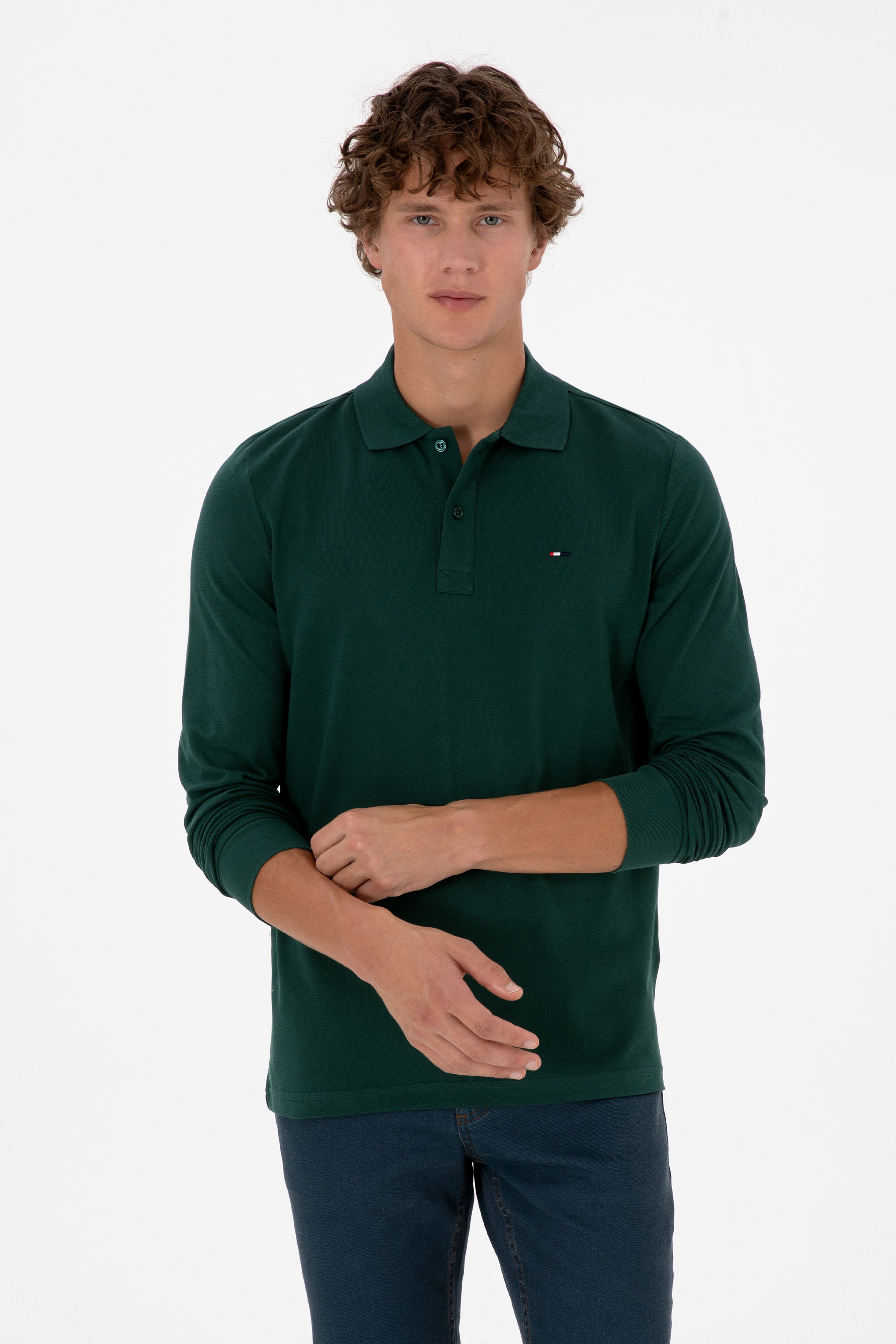 Erkek Regular Fit Polo Yaka Koyu Yeşil Basic Sweatshirt