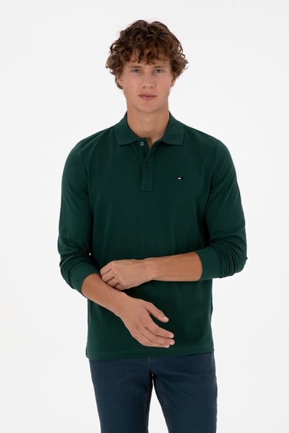 Erkek Regular Fit Polo Yaka Koyu Yeşil Basic Sweatshirt