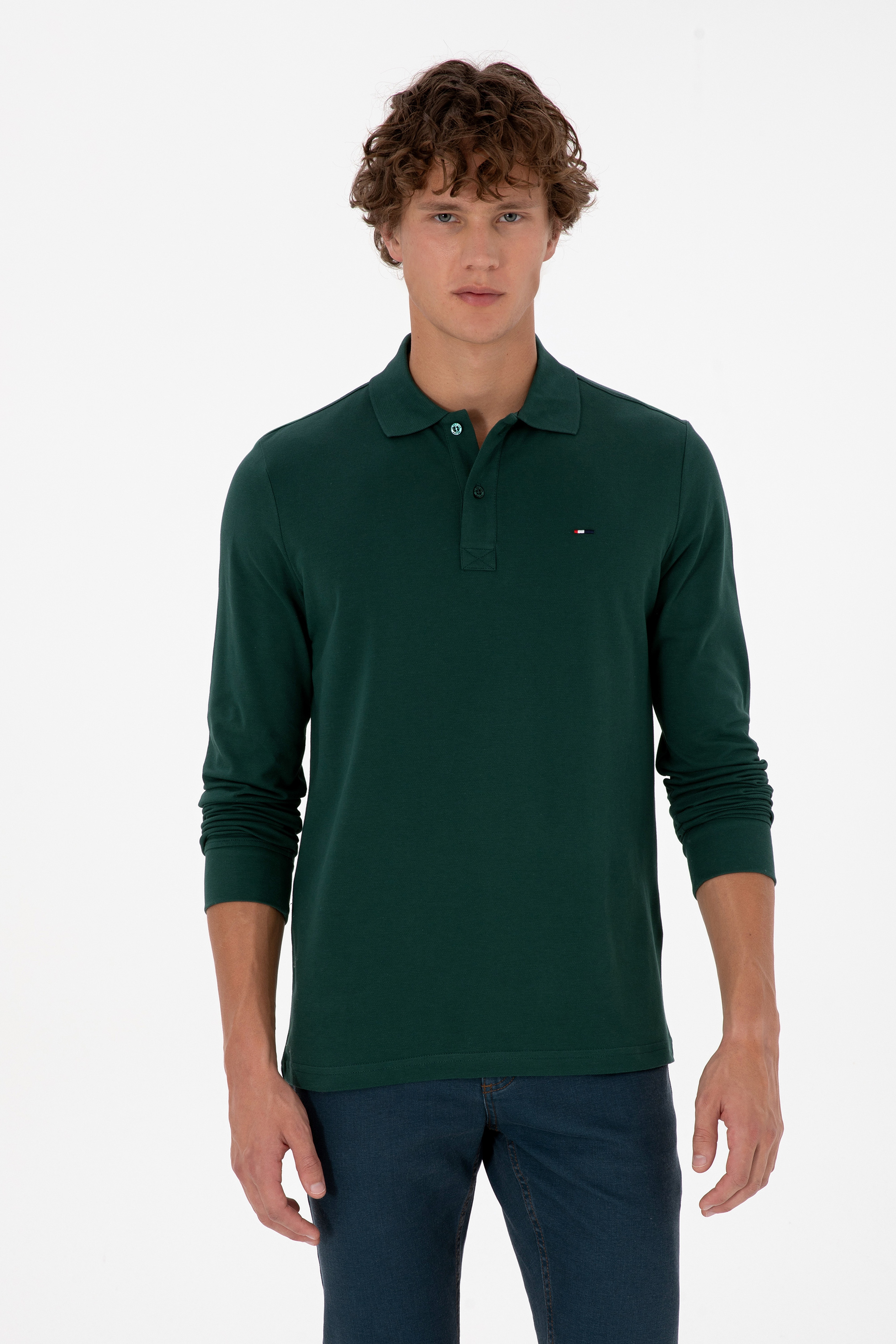 Erkek Regular Fit Polo Yaka Koyu Yeşil Basic Sweatshirt - Image 1