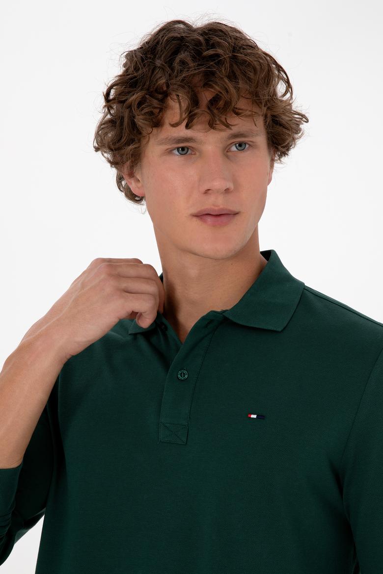 Erkek Regular Fit Polo Yaka Koyu Yeşil Basic Sweatshirt - 50315941037