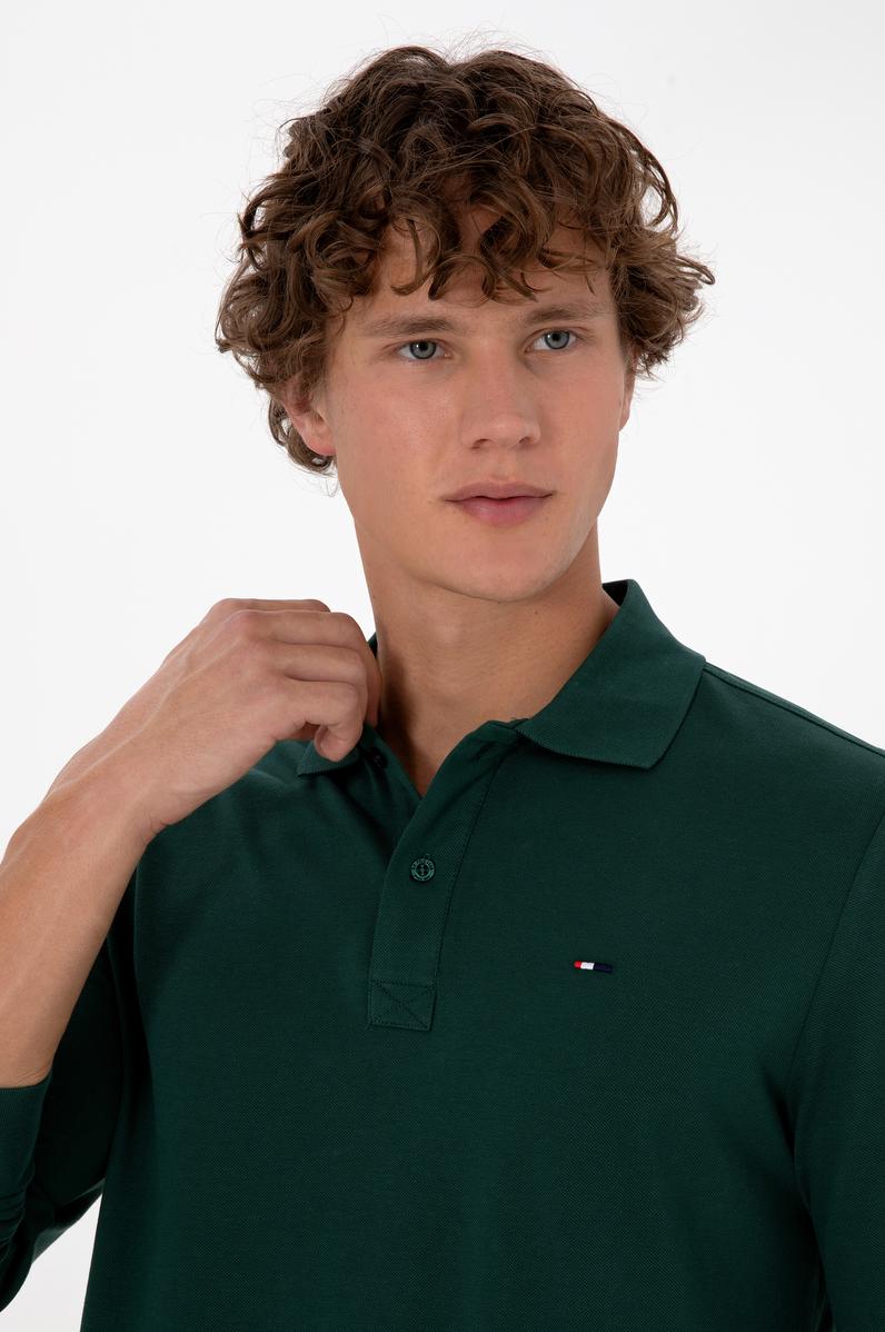 Erkek Regular Fit Polo Yaka Koyu Yeşil Basic Sweatshirt