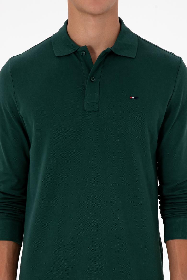 Erkek Regular Fit Polo Yaka Koyu Yeşil Basic Sweatshirt - 50315941037