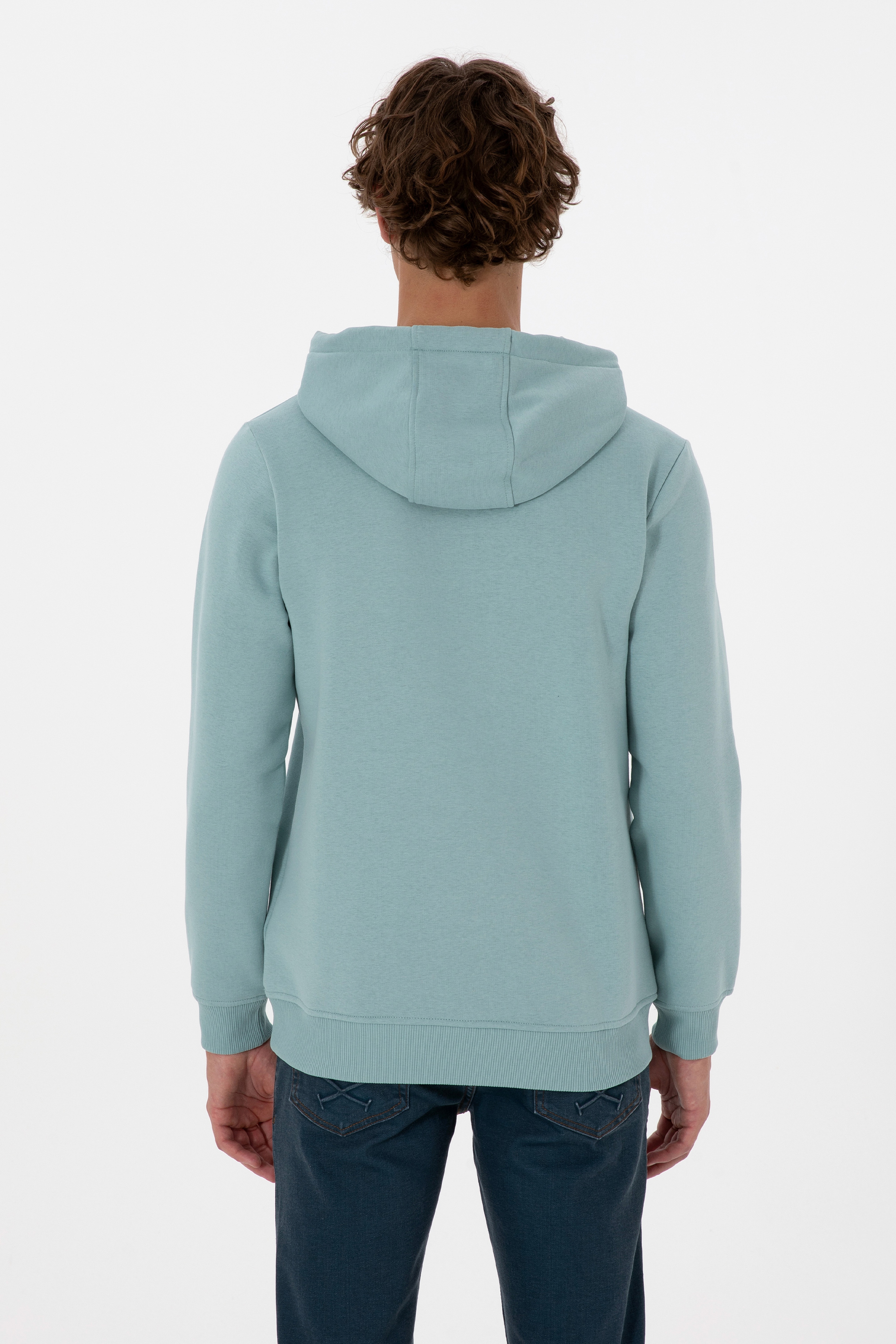 Erkek Regular Fit Kapüşonlu Şardonlu Mint Basic Sweatshirt - Image 5
