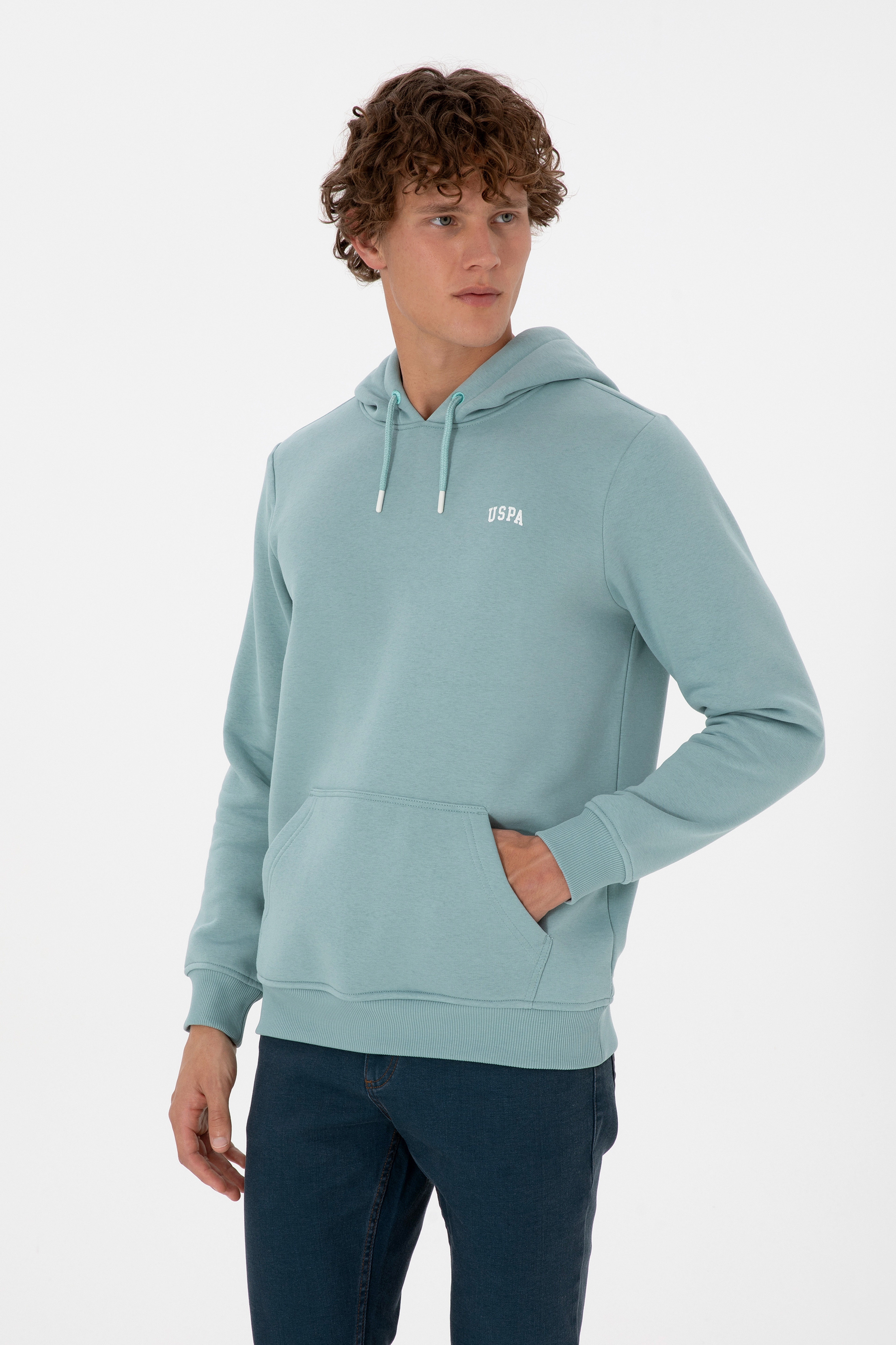 Erkek Regular Fit Kapüşonlu Şardonlu Mint Basic Sweatshirt - Image 1