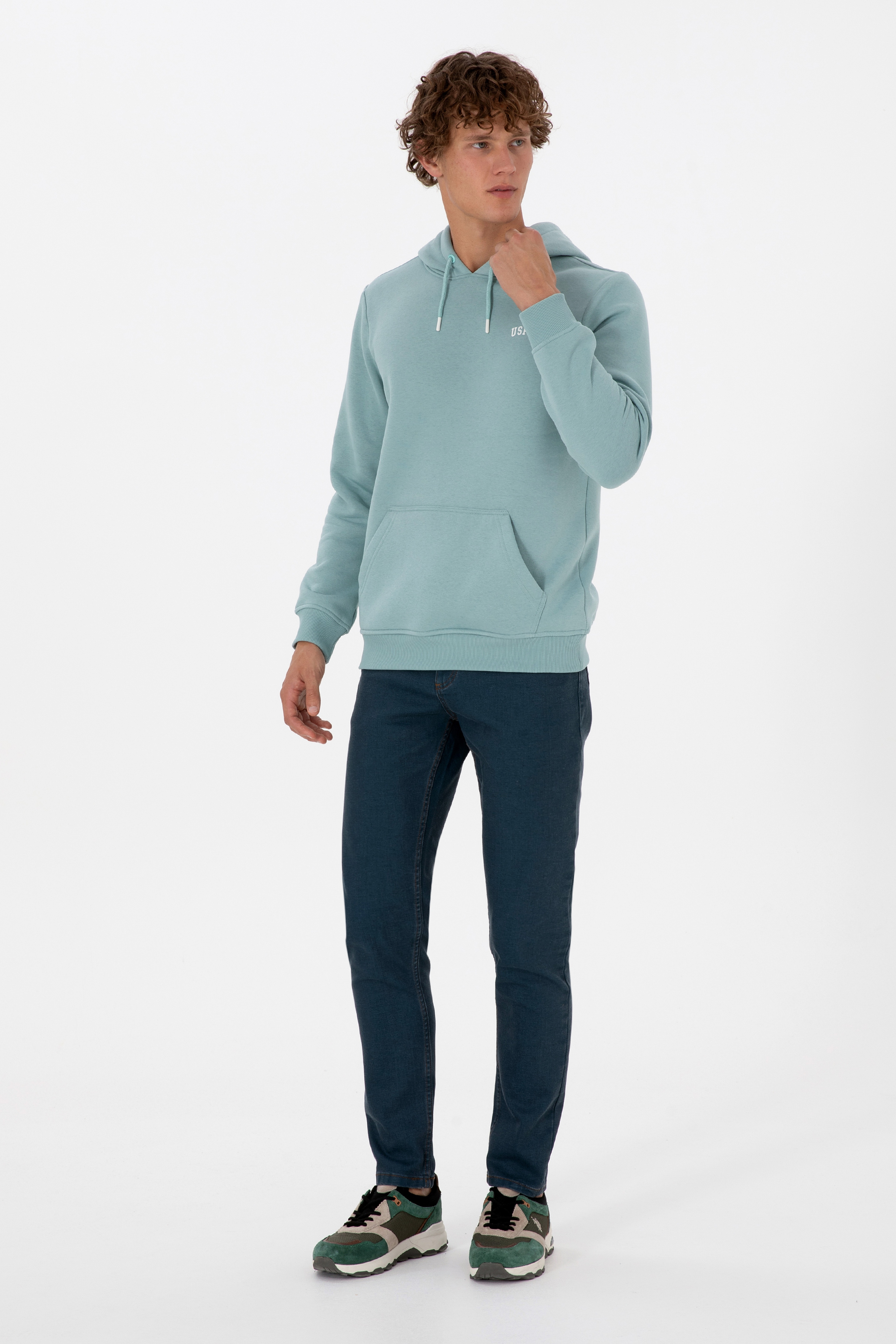 Erkek Regular Fit Kapüşonlu Şardonlu Mint Basic Sweatshirt - Image 4