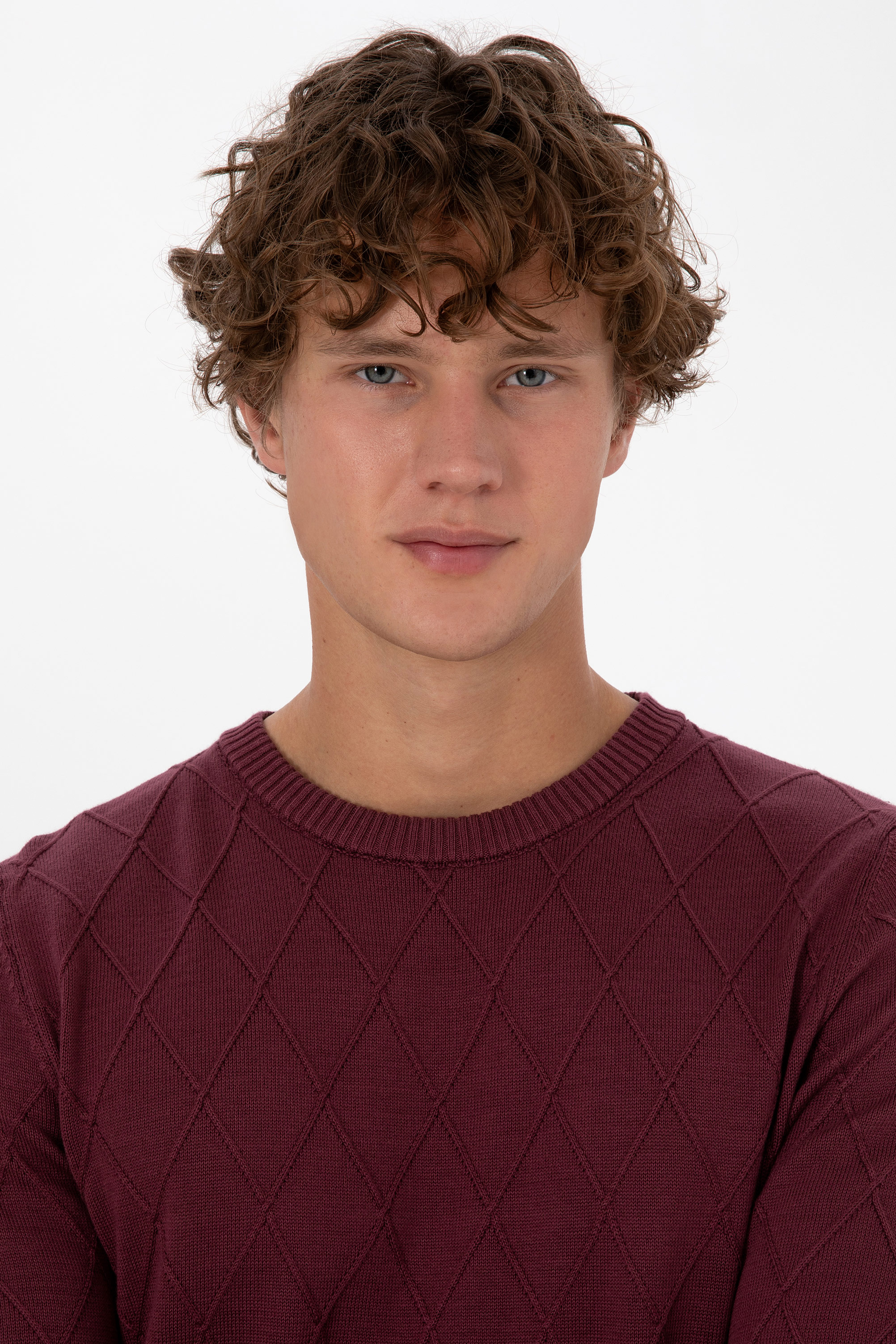 Erkek Slim Fit Bisiklet Yaka Desenli Bordo Kazak - Image 2
