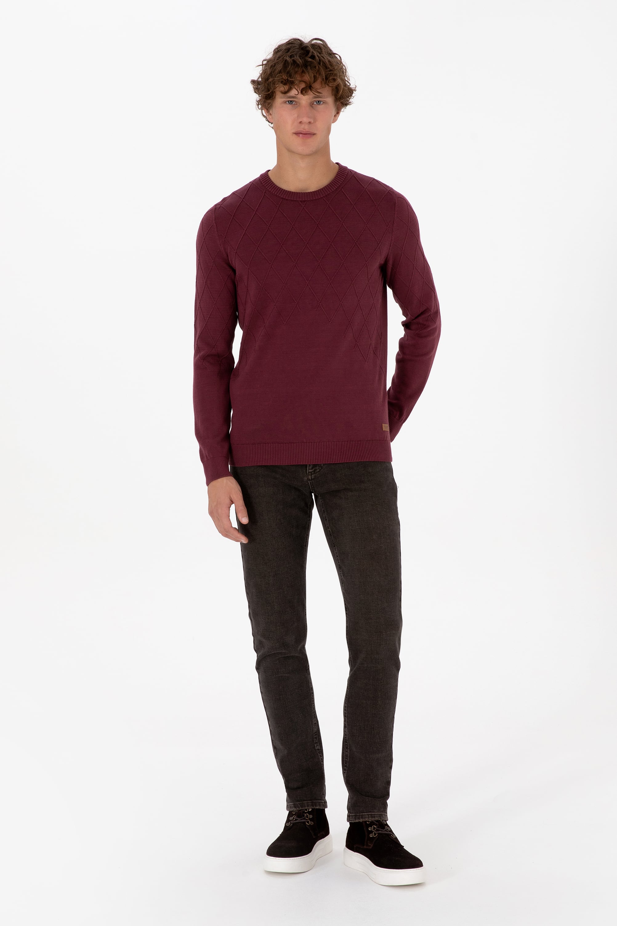 Erkek Slim Fit Bisiklet Yaka Desenli Bordo Kazak