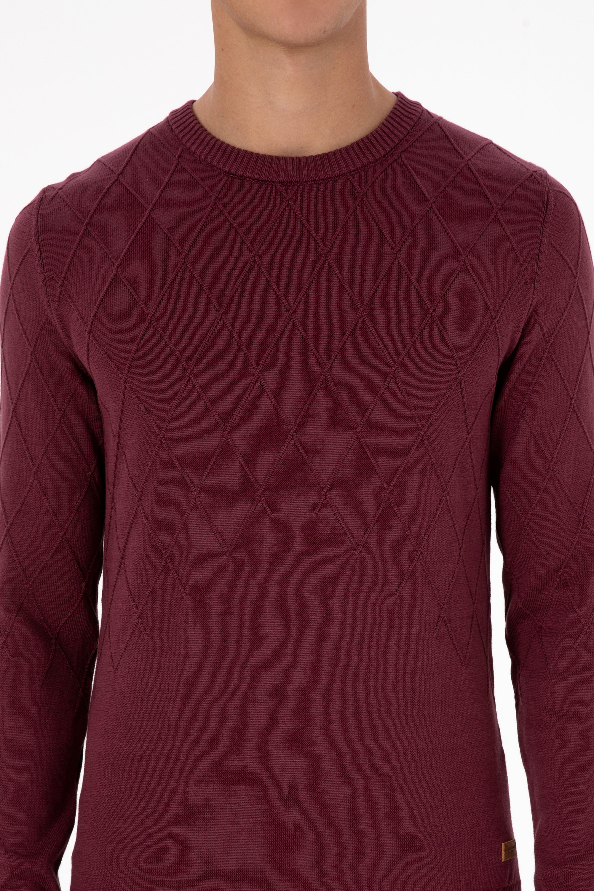 Erkek Slim Fit Bisiklet Yaka Desenli Bordo Kazak - Image 6