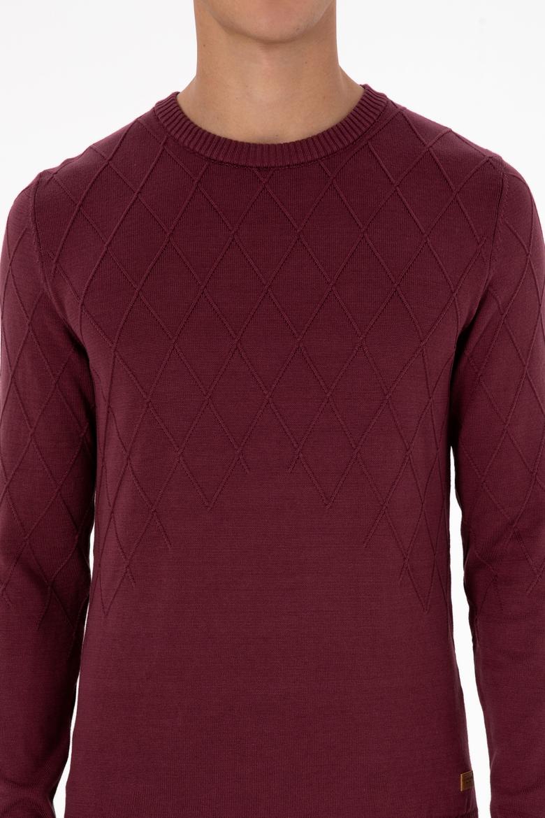 Erkek Slim Fit Bisiklet Yaka Desenli Bordo Kazak - 50315748014
