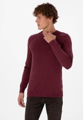 Erkek Slim Fit Bisiklet Yaka Desenli Bordo Kazak - 50315748014