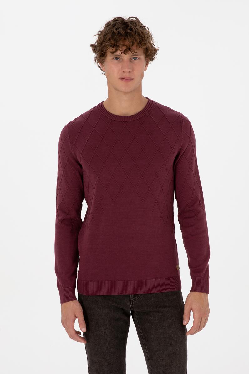 Erkek Slim Fit Bisiklet Yaka Desenli Bordo Kazak