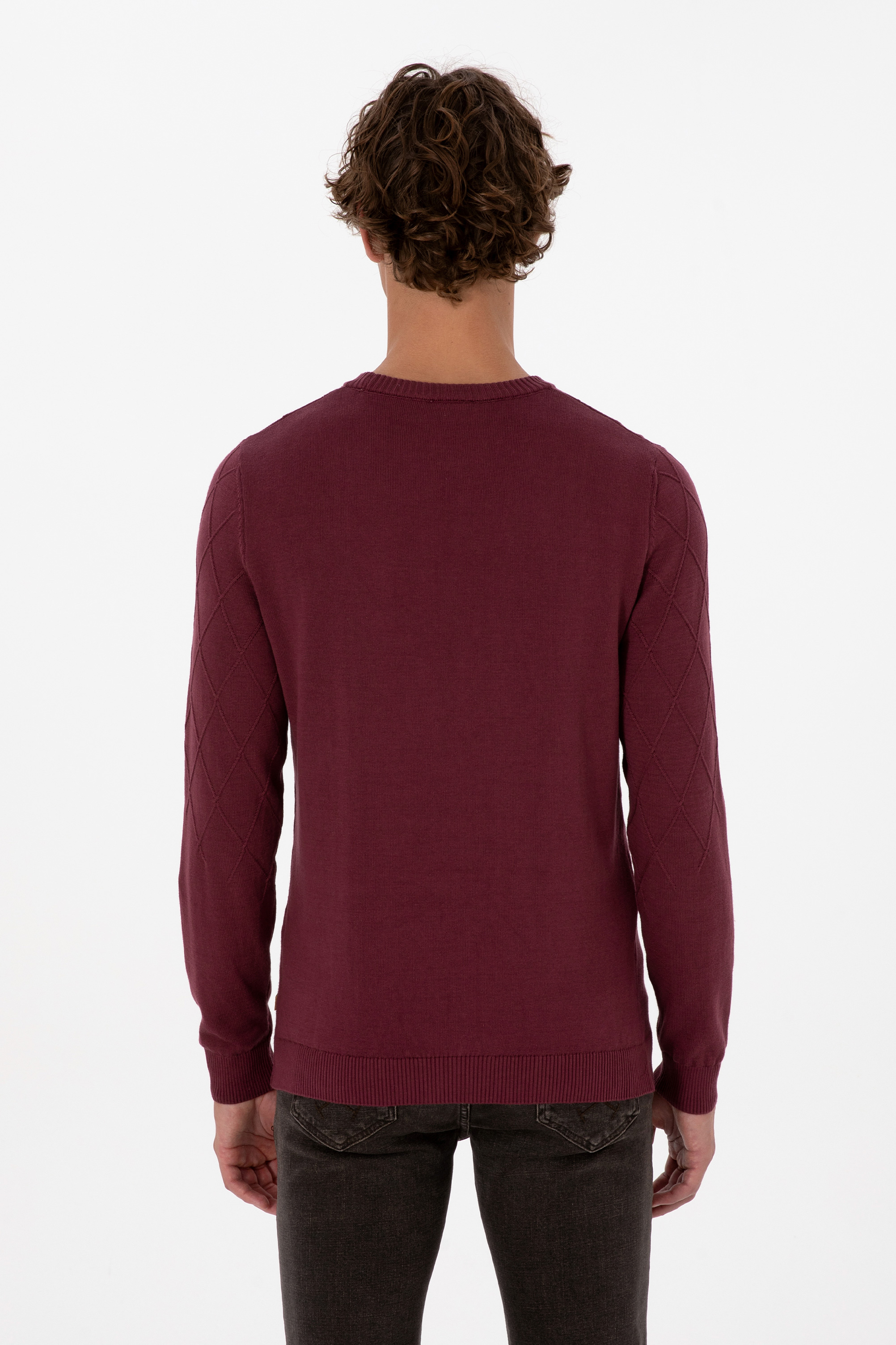 Erkek Slim Fit Bisiklet Yaka Desenli Bordo Kazak - Image 5