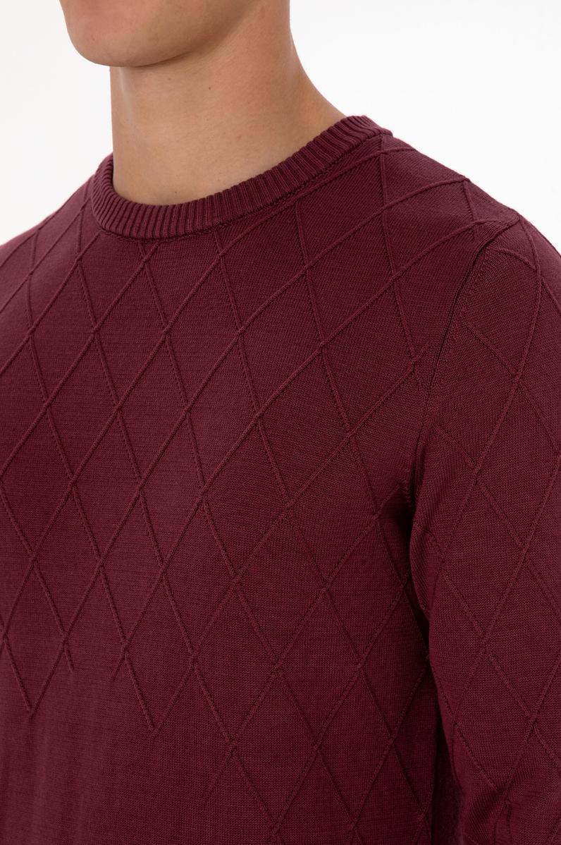 Erkek Slim Fit Bisiklet Yaka Desenli Bordo Kazak