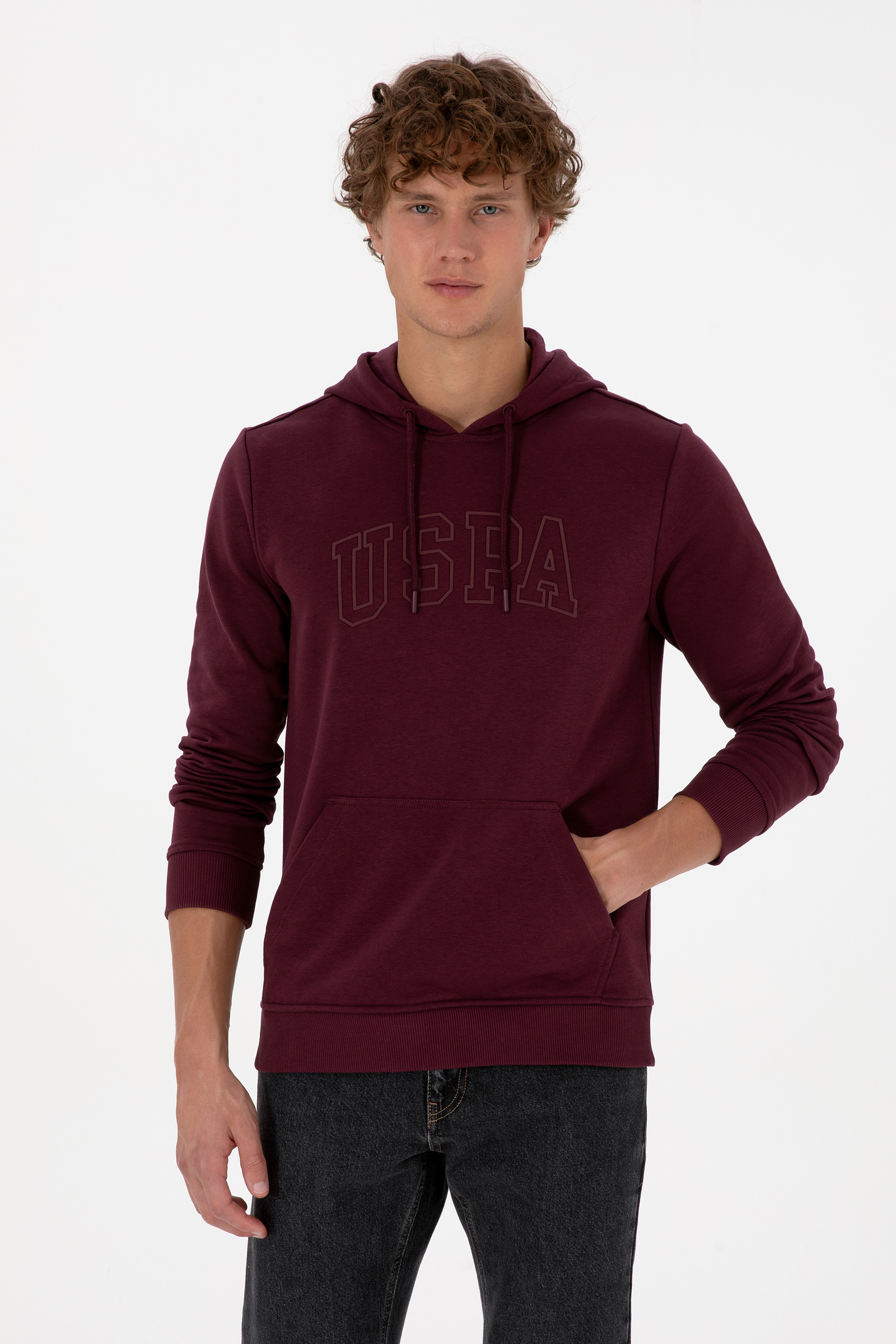 Erkek Regular Fit Kapüşonlu Koyu Bordo Basic Sweatshirt - Image 3