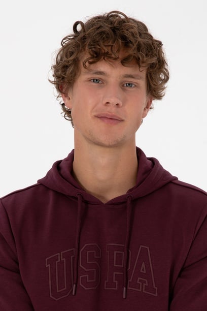 Erkek Regular Fit Kapüşonlu Koyu Bordo Basic Sweatshirt