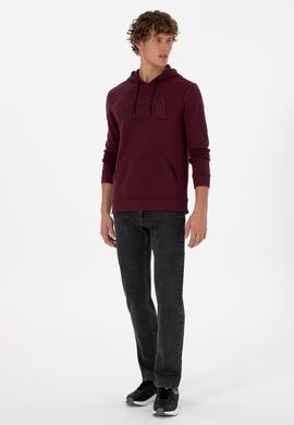 Erkek Regular Fit Kapüşonlu Koyu Bordo Basic Sweatshirt - 50315663103