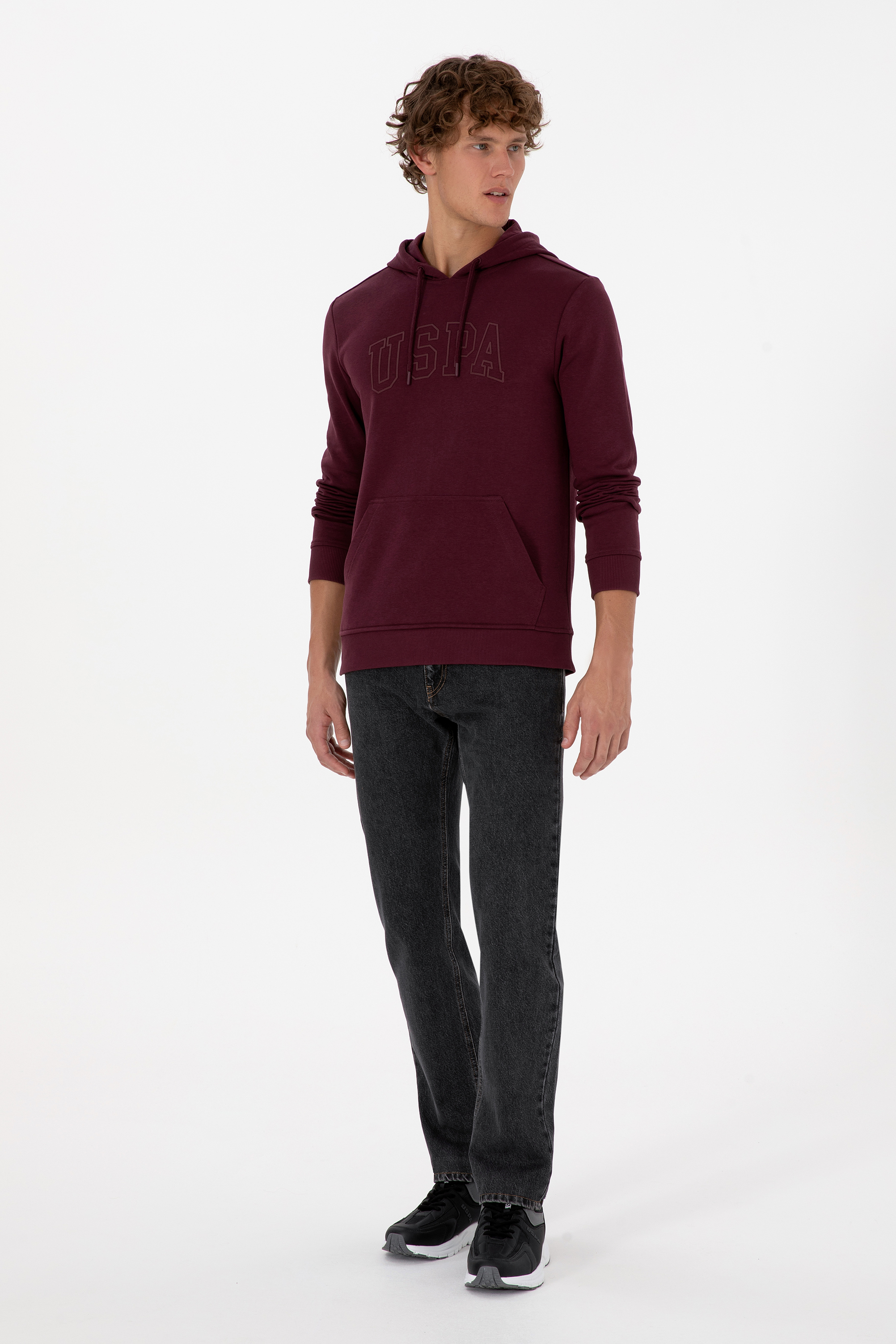 Erkek Regular Fit Kapüşonlu Koyu Bordo Basic Sweatshirt - Image 4