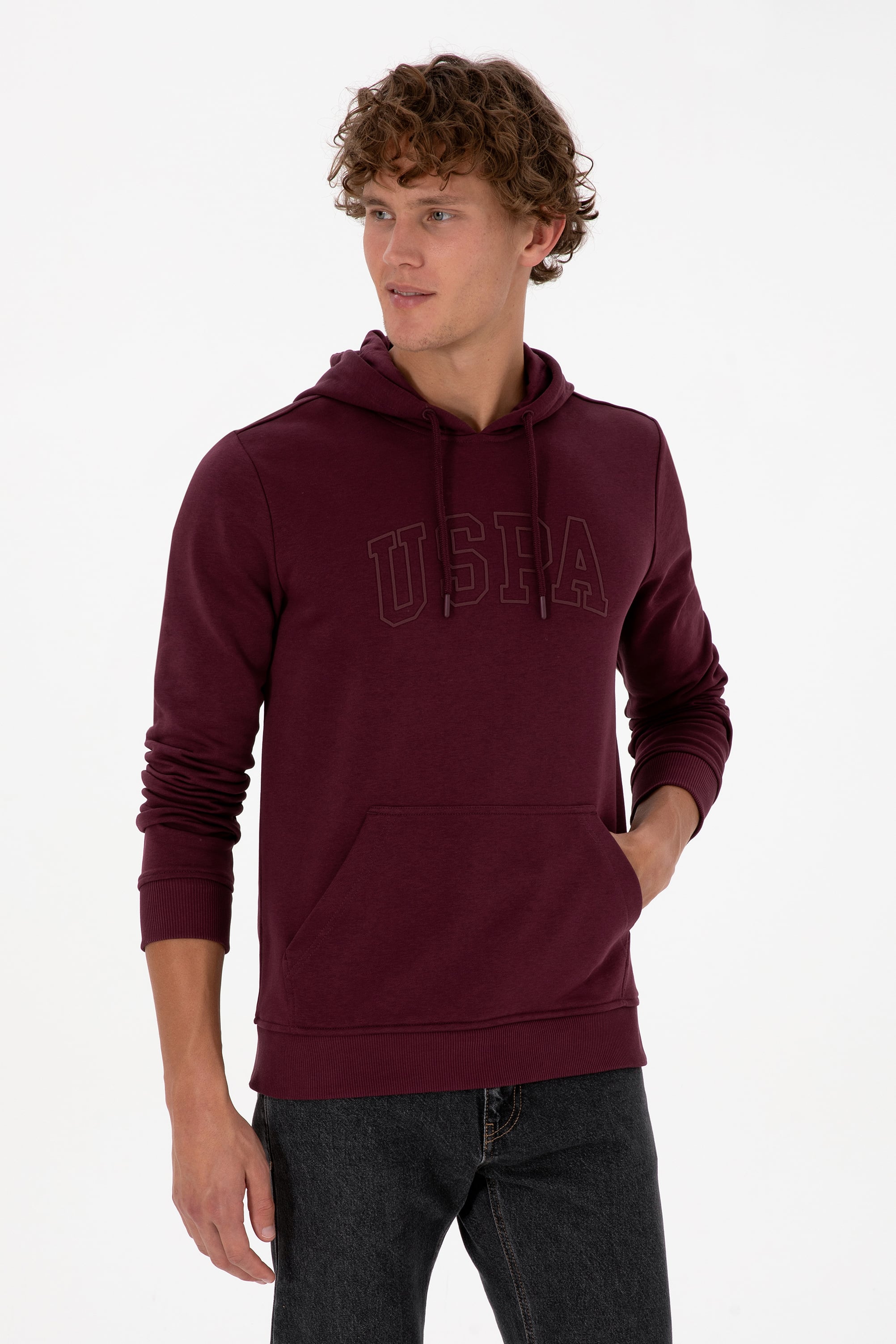 Erkek Regular Fit Kapüşonlu Koyu Bordo Basic Sweatshirt - Image 1