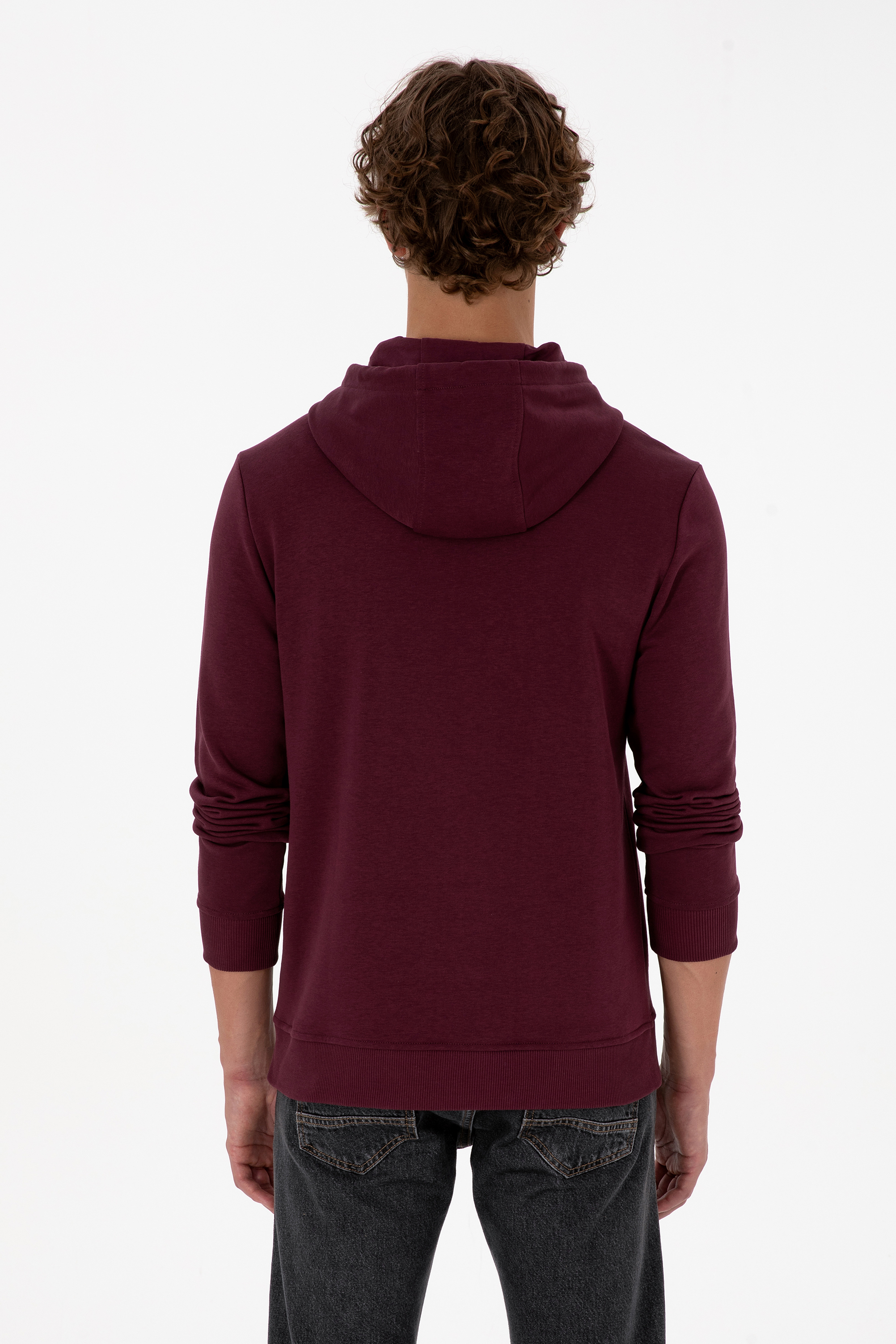 Erkek Regular Fit Kapüşonlu Koyu Bordo Basic Sweatshirt - Image 5
