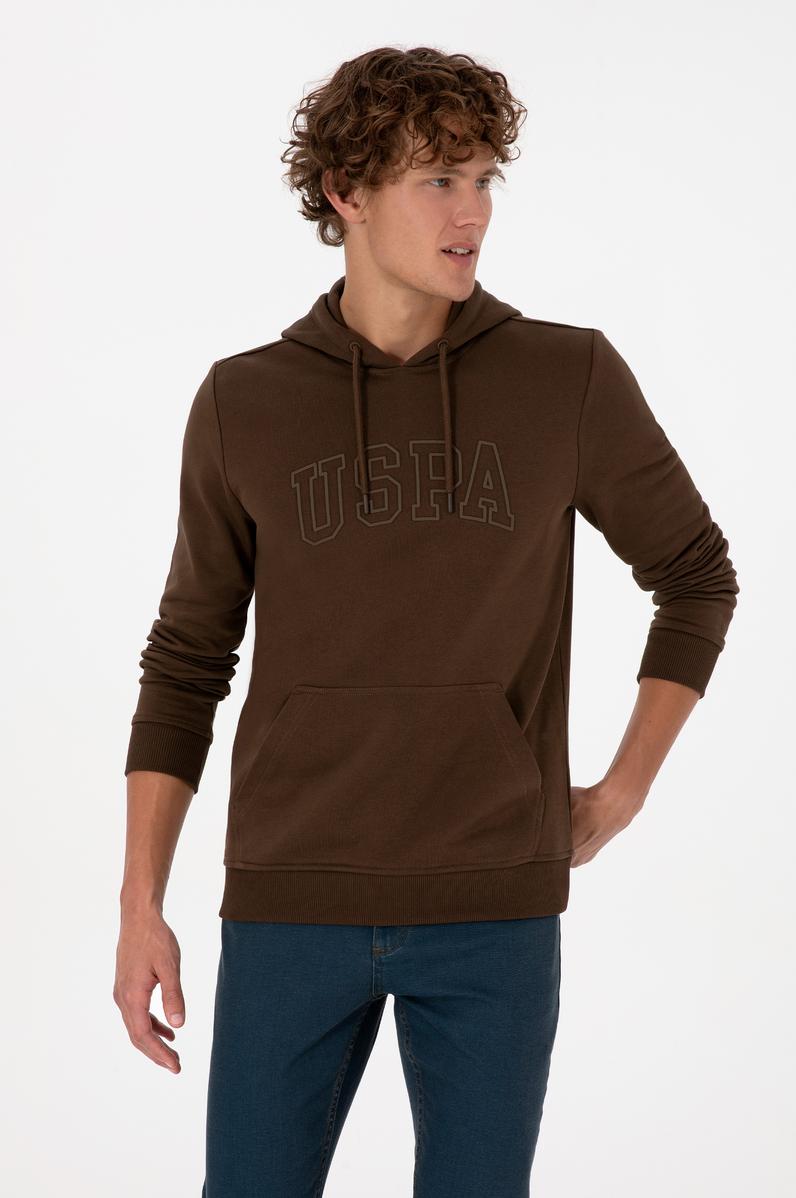 Erkek Regular Fit Kapüşonlu Kahverengi Basic Sweatshirt