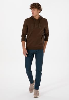 Erkek Regular Fit Kapüşonlu Kahverengi Basic Sweatshirt - 50315663069
