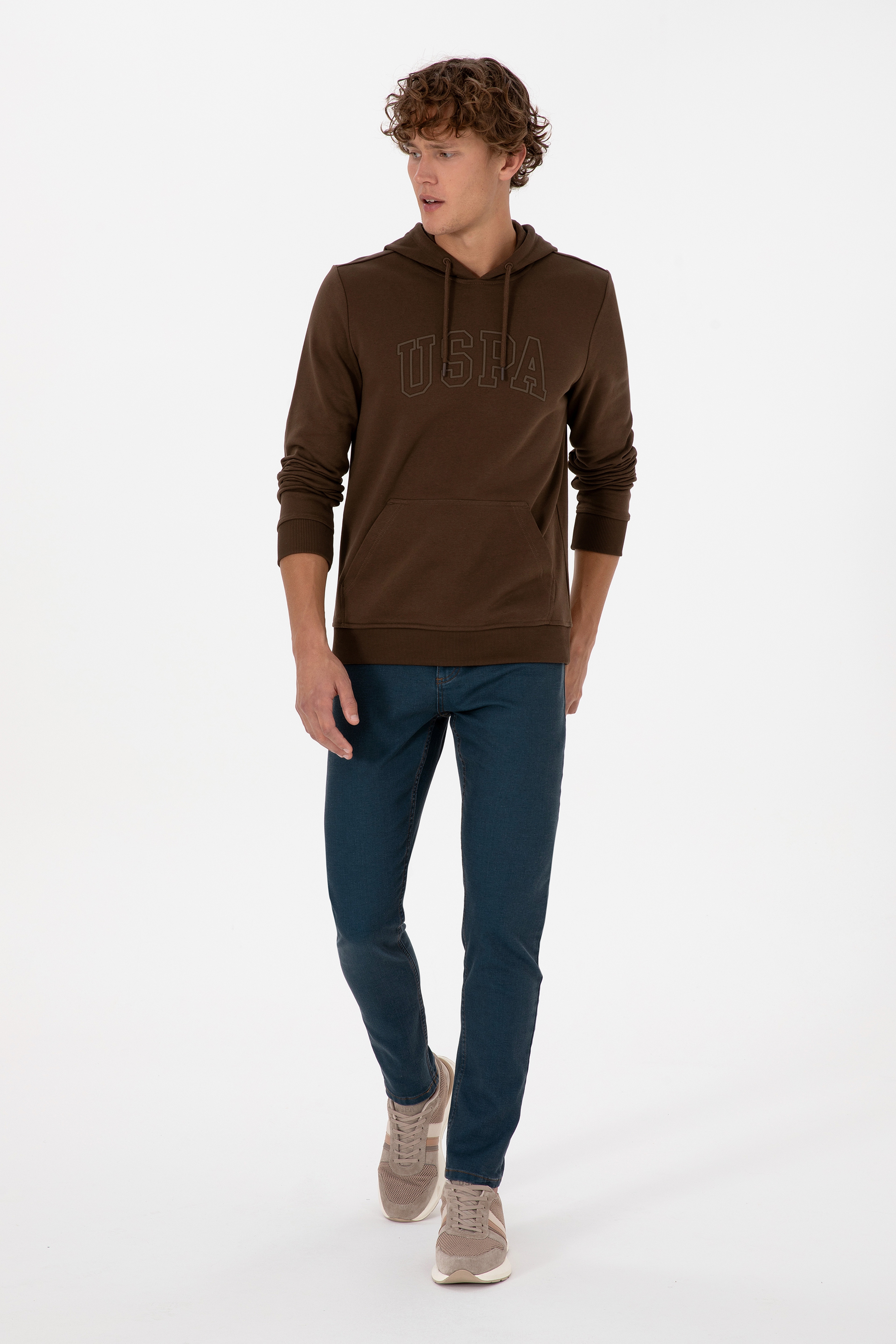 Erkek Regular Fit Kapüşonlu Kahverengi Basic Sweatshirt - Image 4