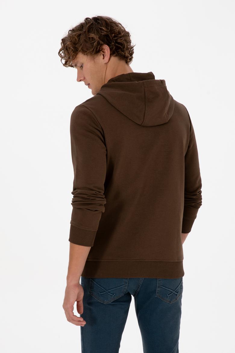 Erkek Regular Fit Kapüşonlu Kahverengi Basic Sweatshirt - 50315663069