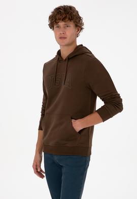 Erkek Regular Fit Kapüşonlu Kahverengi Basic Sweatshirt - 50315663069