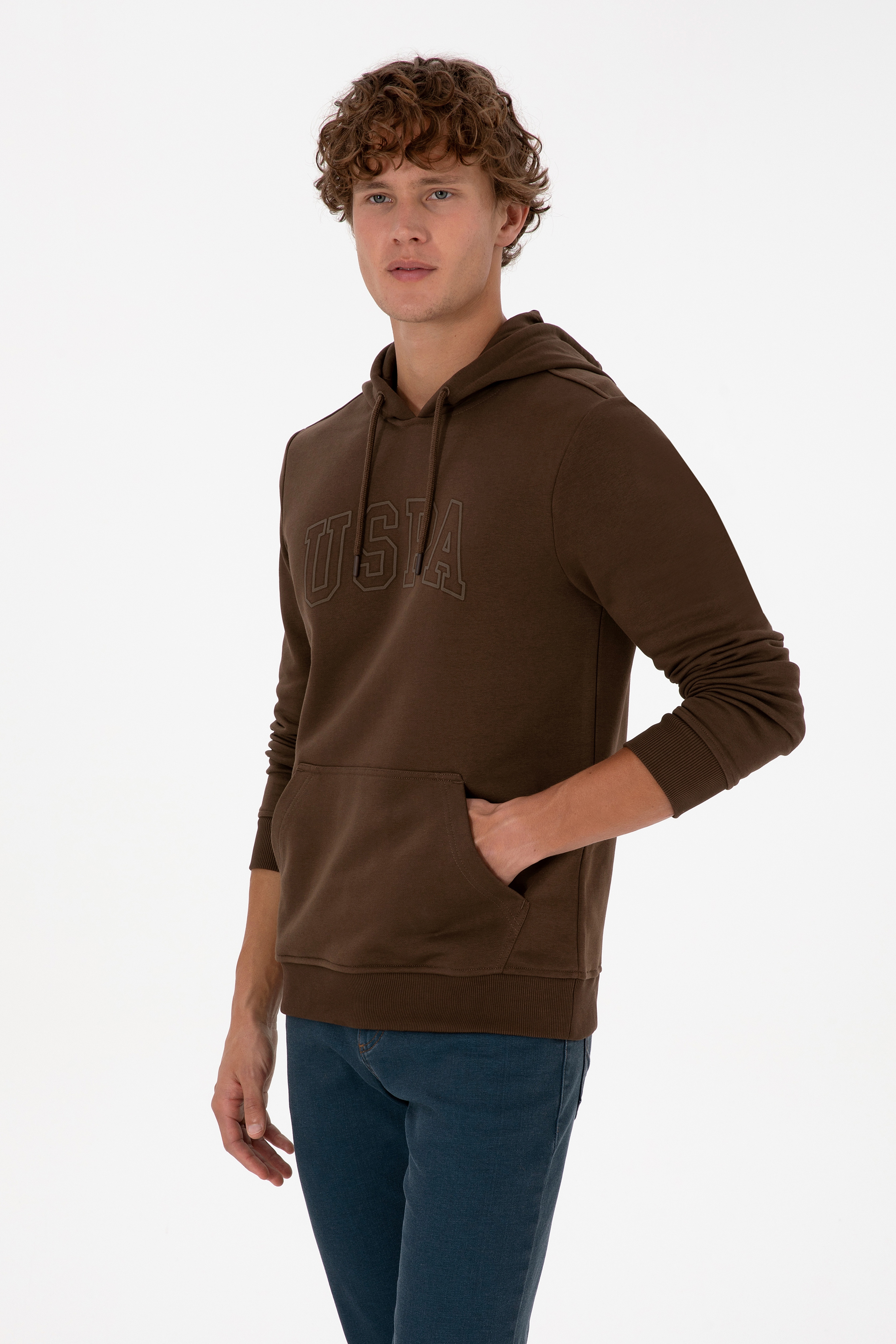 Erkek Regular Fit Kapüşonlu Kahverengi Basic Sweatshirt